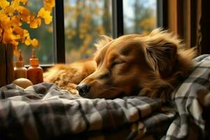 hygge ambiance avec une contenu chien somnoler sur une confortable rebord de fenêtre ai généré photo