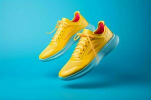 lévitation bleu baskets avec lacets sur vibrant jaune, parfait pour le jogging ai généré photo