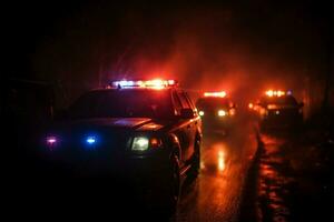 la nuit poursuite police voitures course par brouillard dans urgence réponse ai généré photo