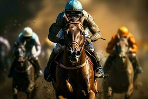 sur le piste de course, jockeys et les chevaux rivaliser pour le Haut place ai généré photo