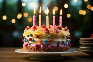 un bougie brille vivement sur une l'eau à la bouche anniversaire gâteau ai généré photo