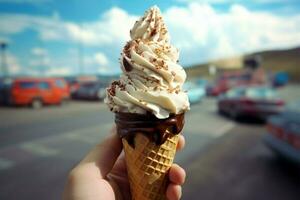 scénique traiter main détient vanille la glace crème plongé dans chaud Chocolat ai généré photo