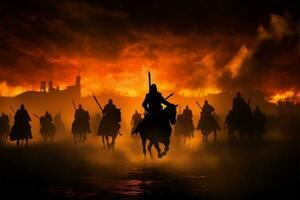 silhouette cavalerie et infanterie engager dans une brumeux médiéval escarmouche ai généré photo