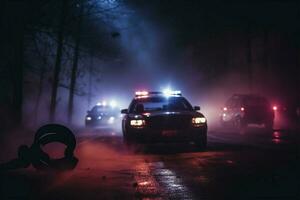 silhouette de menottes et police voiture dans une brumeux nuit ai généré photo