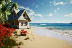 petit maison niché par le plage, une tranquille côtier refuge ai généré photo