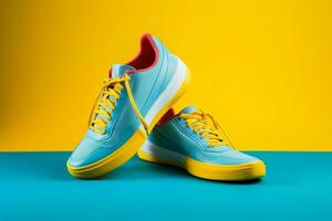 sportif chaussure lévitation bleu baskets avec lacets sur Jaune Toile ai généré photo
