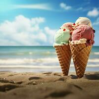 le parfait paire la glace crème cônes et sablonneux plage rivages ai généré photo