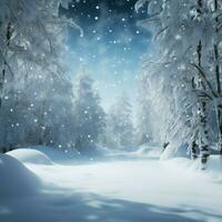 de fête Nouveau ans toile de fond, neige embrassé des arbres dans serein hiver réglage ai généré photo
