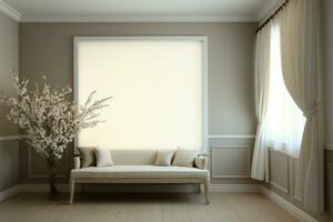 éclairer et développer votre pièce avec crème Cadre près pur rideaux ai généré photo