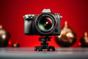 Capturer votre Blog contenu avec une caméra sur une rouge trépied ai généré photo