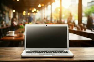 salle de cours scène avec un ouvert portable sur une en bois bureau ai généré photo