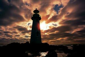 côtier Gardien phare silhouette cadres le tranquille, mer embrassé paysage ai généré photo