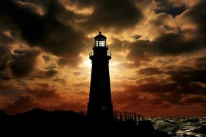 côtier Gardien phare silhouette cadres le tranquille, mer embrassé paysage ai généré photo