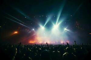 foules sombre Les figures à une concert, orienté vers le vibrant étape ai généré photo