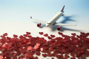 voyage de noces ou Voyage amoureux concept avion modèle et rouge cœurs ai généré photo