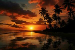 illustré noix de coco paume silhouette contre une spectaculaire tropical plage le coucher du soleil ai généré photo