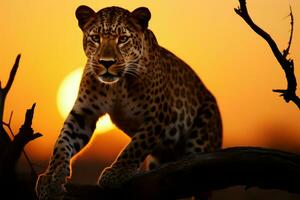 majestueux léopard dans le d'or lueur de une étourdissant lever du soleil ai généré photo