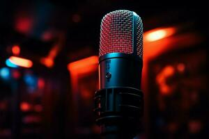 micro dans néon une frappant studio microphone au milieu de sombre, de mauvaise humeur ambiance ai généré photo