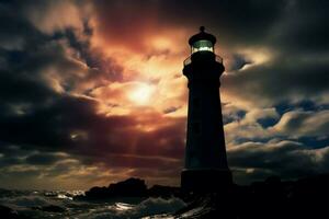 océans guidage lumière silhouette phare des stands fort par le mer ai généré photo