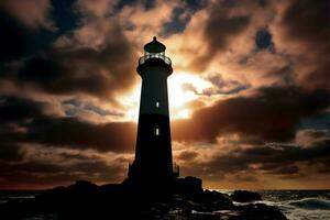 océans guidage lumière silhouette phare des stands fort par le mer ai généré photo