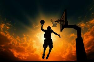 silhouette basketball joueur monte en flèche haute dans un impressionnant, dynamique sauter ai généré photo