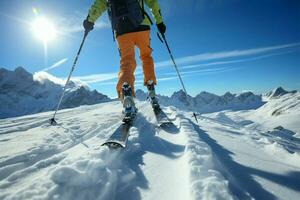 ski sur une parfait, ensoleillé hiver paysage, neige brillant sous les pieds ai généré photo