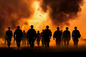 soldats au milieu de fumée et feu, silhouette contre une spectaculaire le coucher du soleil ai généré photo