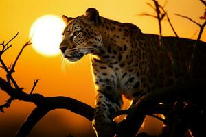 lumière du soleil baignades une prêt léopard dans le de bonne heure Matin heures ai généré photo