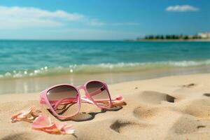 été vacances essentiel rose retourner flops, des lunettes de soleil sur sablonneux plage ai généré photo