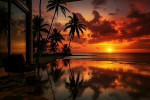 tropical plage le coucher du soleil art avec noix de coco paume et fascinant mer réflexion ai généré photo