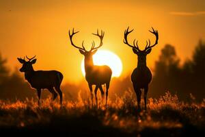 la faune sérénité cerf silhouettes dans une superbe, lumière trempé Prairie ai généré photo