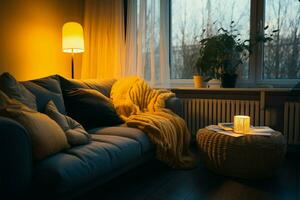 hiver soir félicité confortable vivant chambre, Jaune oreillers, et une livre ai généré photo