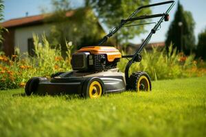 Travaux de jardinage dans action fauchage le herbe pour une soigné pelouse ai généré photo