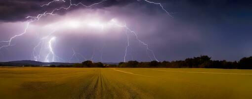 captivant paysage d'orage, panoramique foudre paysage, ai généré photo