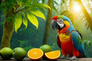 tropical paradis, perroquet saveurs des fruits dans vibrant forêt tropicale coucher de soleil, ai généré photo