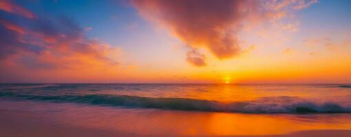 une aperçu de paradis, plage le coucher du soleil voir, ai généré photo