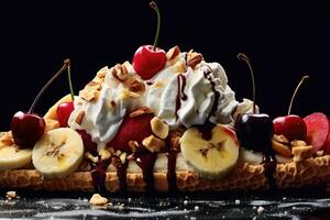 banane Divisé avec Chocolat sauce et cerises ai généré photo