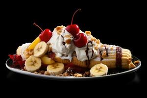 banane Divisé avec Chocolat sauce et cerises ai généré photo