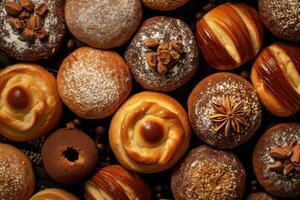 une grand groupe de beignets et autre cuit des biens photo