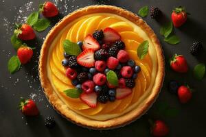 Frais fruit Tarte avec baies et menthe sur foncé Contexte photo