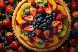 Frais fruit Tarte avec Frais fruit sur une foncé Contexte photo