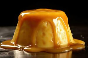 une pudding avec caramel sauce sur Haut photo