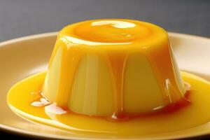 une Jaune pudding sur une assiette avec caramel sauce photo