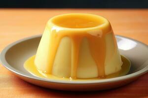 une pudding avec une Jaune sauce sur Haut photo