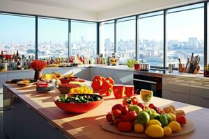 une moderne simpliste cuisine de une toit appartement professionnel La publicité la photographie ai généré photo