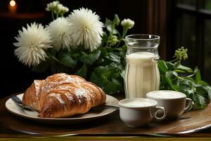 petit déjeuner avec pain et une Lait de café professionnel nourriture la photographie ai généré photo