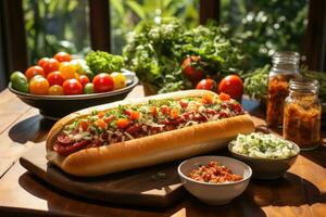 Hot-dog dans cuisine table La publicité nourriture la photographie ai généré photo
