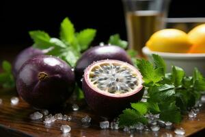 violet fruit de la passion dans le cuisine table La publicité nourriture la photographie ai généré photo