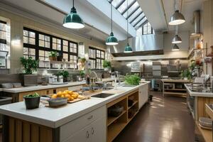 à l'intérieur cuisine école cantine dans minimaliste style professionnel La publicité la photographie ai généré photo