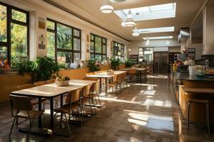 à l'intérieur cuisine école cantine dans moderne style professionnel La publicité la photographie ai généré photo